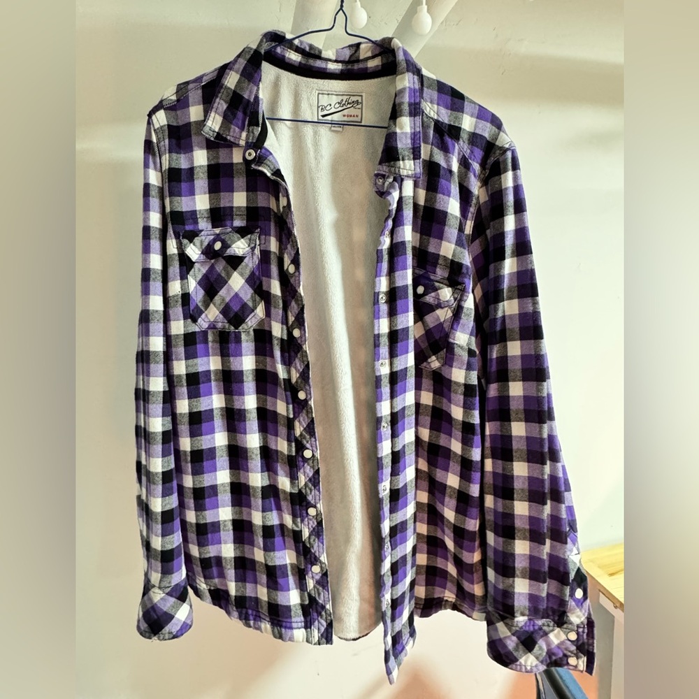 BC Clothing Purple and White Plaid Shacket (Shirt+Jacket) FLEECE LINED!!